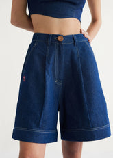 A Model Wearing Blue Cotton Denim Deepwater Sustainable Denim Blue Shorts, curated by Only Ethikal